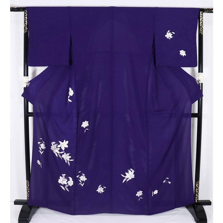 新品 総刺繍 夏着物 正絹 絽 トールサイズ“贅沢に水際立つ百合”訪問着O+11 縦絽 訪問着 正絹 紫 総刺繍 百合 トールサイズ ki30680 新品 夏着物