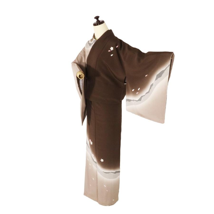 友禅訪問着 袷 正絹 濃茶 グレー オーク色 桜 Mサイズ ki28382 新品 レディース シルク ギフト オールシーズン 在庫限り 送料込みの画像