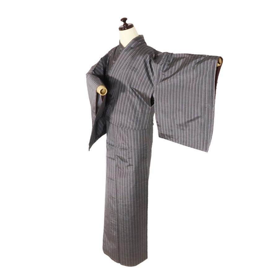 大島紬 袷 正絹 グレー 薄グレー 縦縞 Lサイズ ki28401 新品