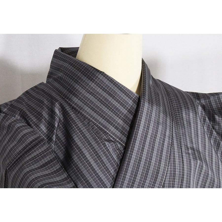 大島紬 袷 正絹 グレー 薄グレー 縦縞 Lサイズ ki28401 新品