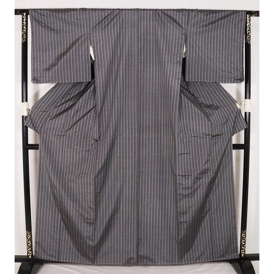 大島紬 袷 正絹 グレー 薄グレー 縦縞 Lサイズ ki28401 新品 