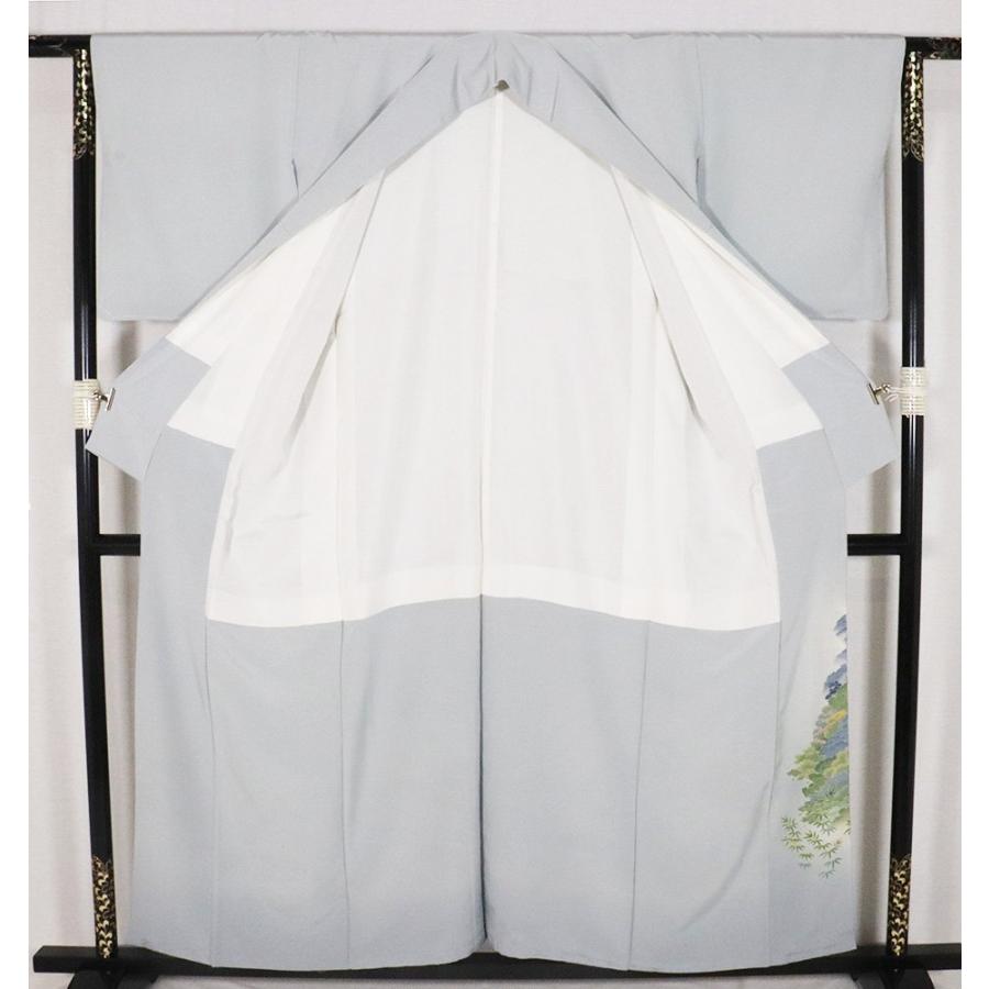 n-単衣の着物＊正絹　ライトグレー　ぼかし　風景　紬地　一つ紋入り　落款あり n-単衣の着物＊正絹 ライトグレー ぼかし 風景 紬地 一つ紋