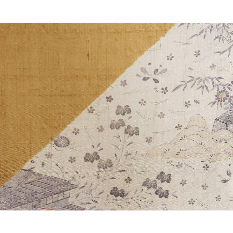 生紬 訪問着 袷 正絹 黄土色 ベージュ 緑 絞り 菱文 仏閣 庭風景