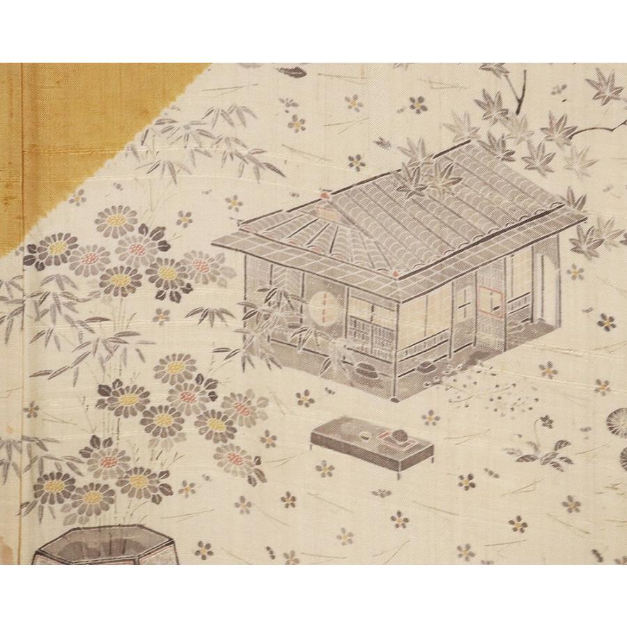 生紬 訪問着 袷 正絹 黄土色 ベージュ 緑 絞り 菱文 仏閣 庭風景 