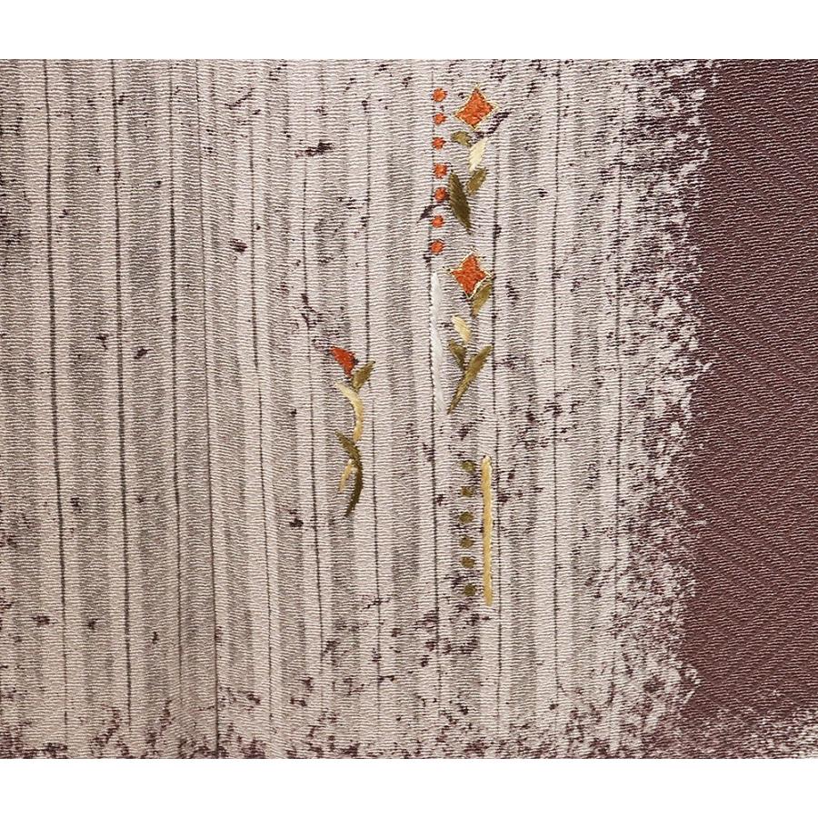 訪問着 袷 正絹 小豆色 刺繍 小花 ローケツ 縞格子 Mサイズ ki28435 美 