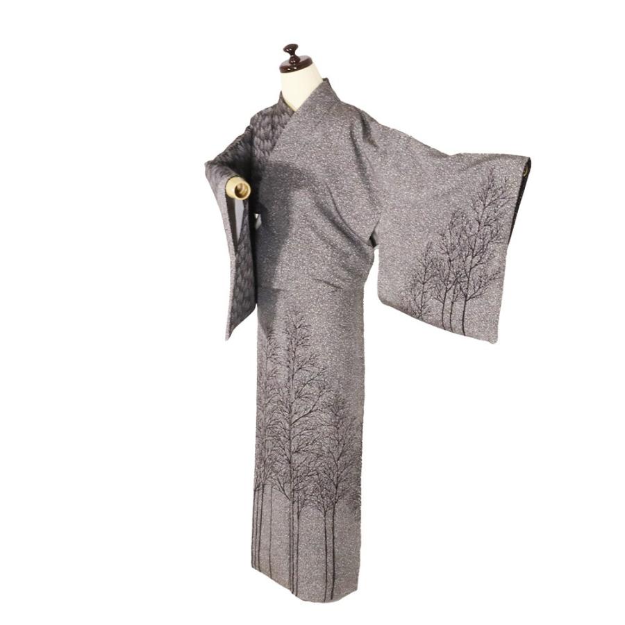 訪問着 袷 正絹 黒 白 樹木 北山杉 Lサイズ ki28437 美品 レディース 