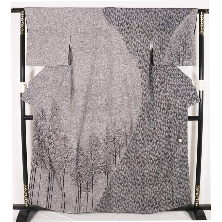 訪問着 袷 正絹 黒 白 樹木 北山杉 Lサイズ ki28437 美品 レディース 