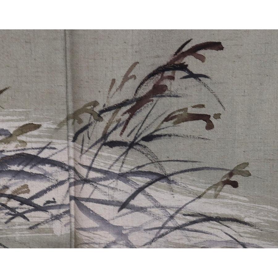 結織苑 手織り紬 訪問着 袷 正絹 抹茶色 ベージュ 手描き ススキ M 