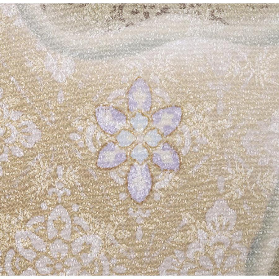 縮緬訪問着 袷 正絹 紫 抹茶 ベージュ 刺繍 華文 唐花 流水 17号 M 