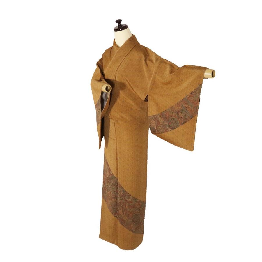 縮緬訪問着 袷 正絹 茶色 更紗 斜め縞 小花 麻の葉 Mサイズ ki28490 美 