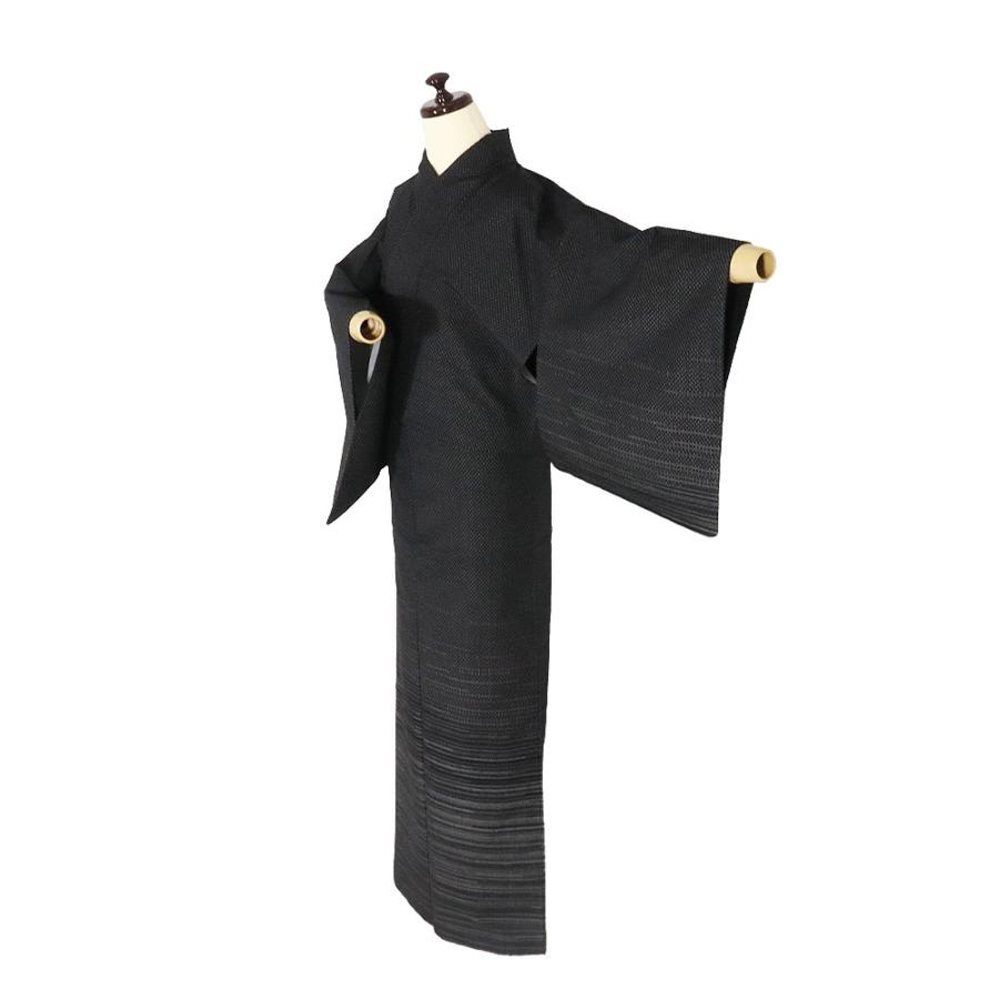 手織り紬 訪問着 袷 正絹 黒 蚊絣 横縞 Mサイズ ki28497 美品 着物 