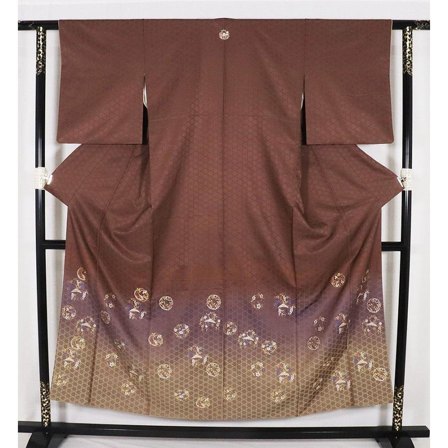 お召し 訪問着 袷 正絹 茶 紫 緑 三段暈し 総刺繍 花丸文 菖蒲 藤 梅 