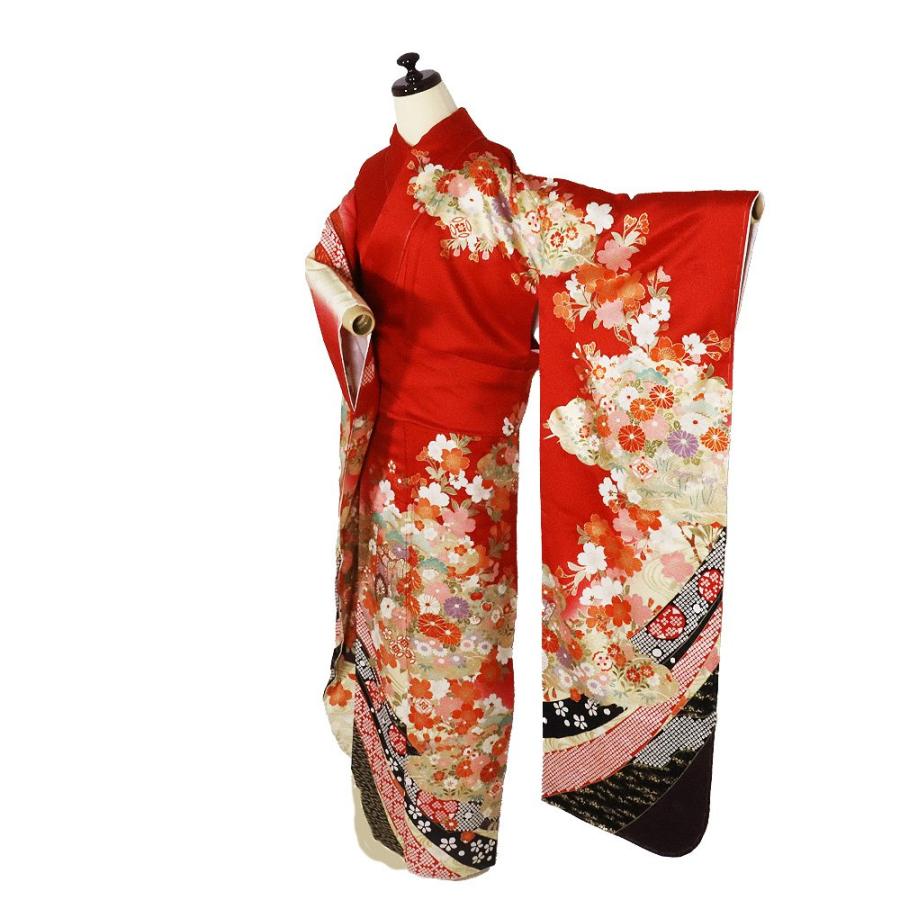 本振袖 正絹 赤 ベージュ 黒 濃紫 金箔 御所車 熨斗文 桜 菊 菖蒲 宝尽くし トールサイズ ki28562 新品 ふりそで hurisode 成人式 送料込みの画像