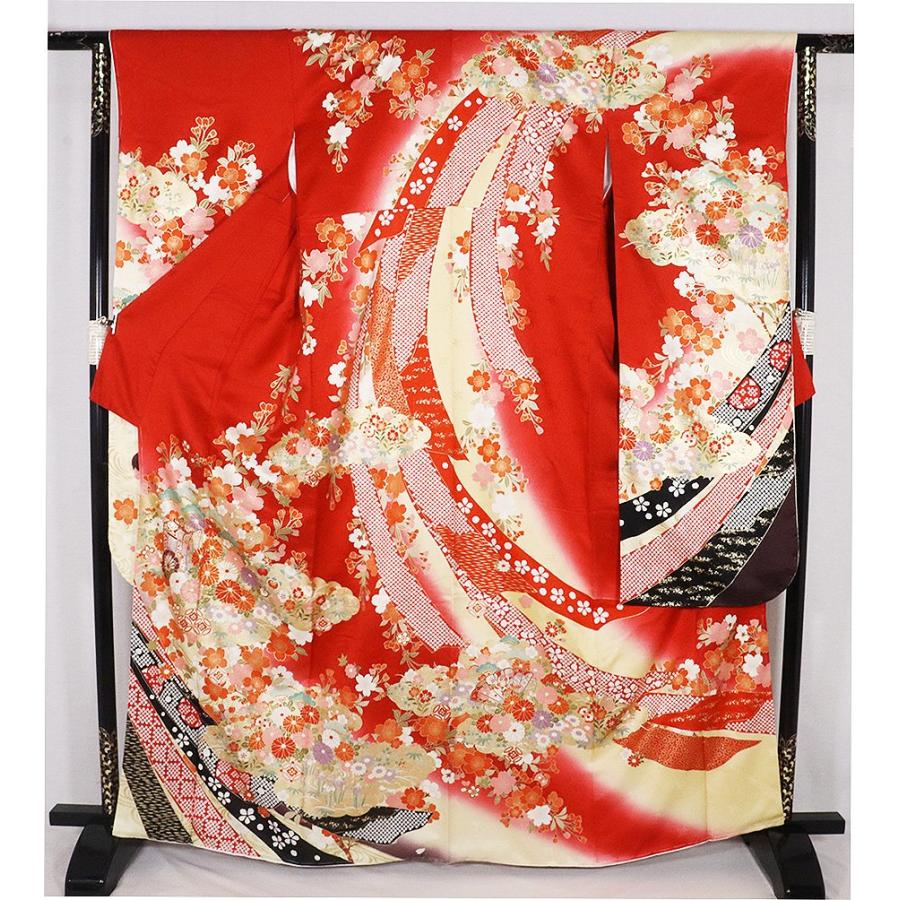 本振袖 正絹 赤 ベージュ 黒 濃紫 金箔 御所車 熨斗文 桜 菊 菖蒲 宝尽くし トールサイズ ki28562 新品 ふりそで hurisode 成人式 送料込みの画像