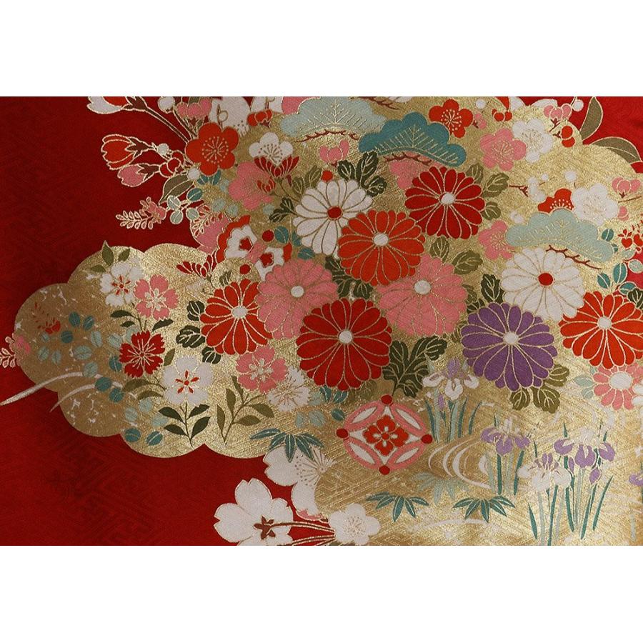 本振袖 正絹 赤 ベージュ 黒 濃紫 金箔 御所車 熨斗文 桜 菊 菖蒲 宝尽くし トールサイズ ki28562 新品 ふりそで hurisode 成人式 送料込みの画像