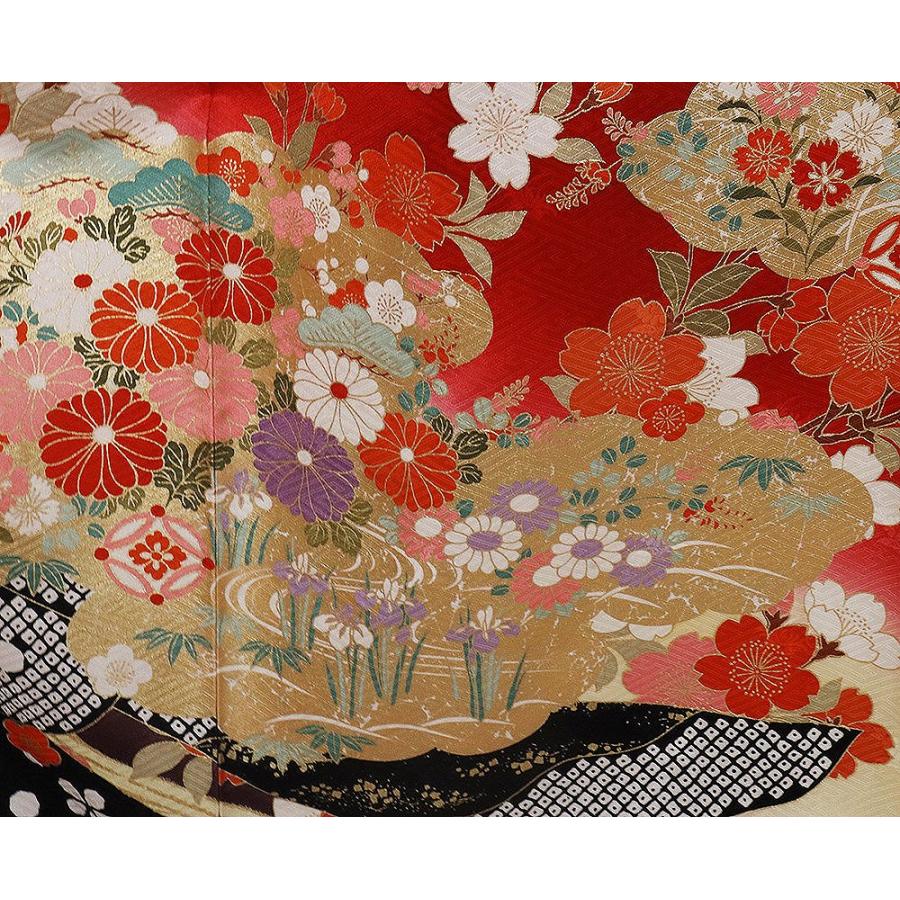 本振袖 正絹 赤 ベージュ 黒 濃紫 金箔 御所車 熨斗文 桜 菊 菖蒲 宝尽くし トールサイズ ki28562 新品 ふりそで hurisode 成人式 送料込みの画像