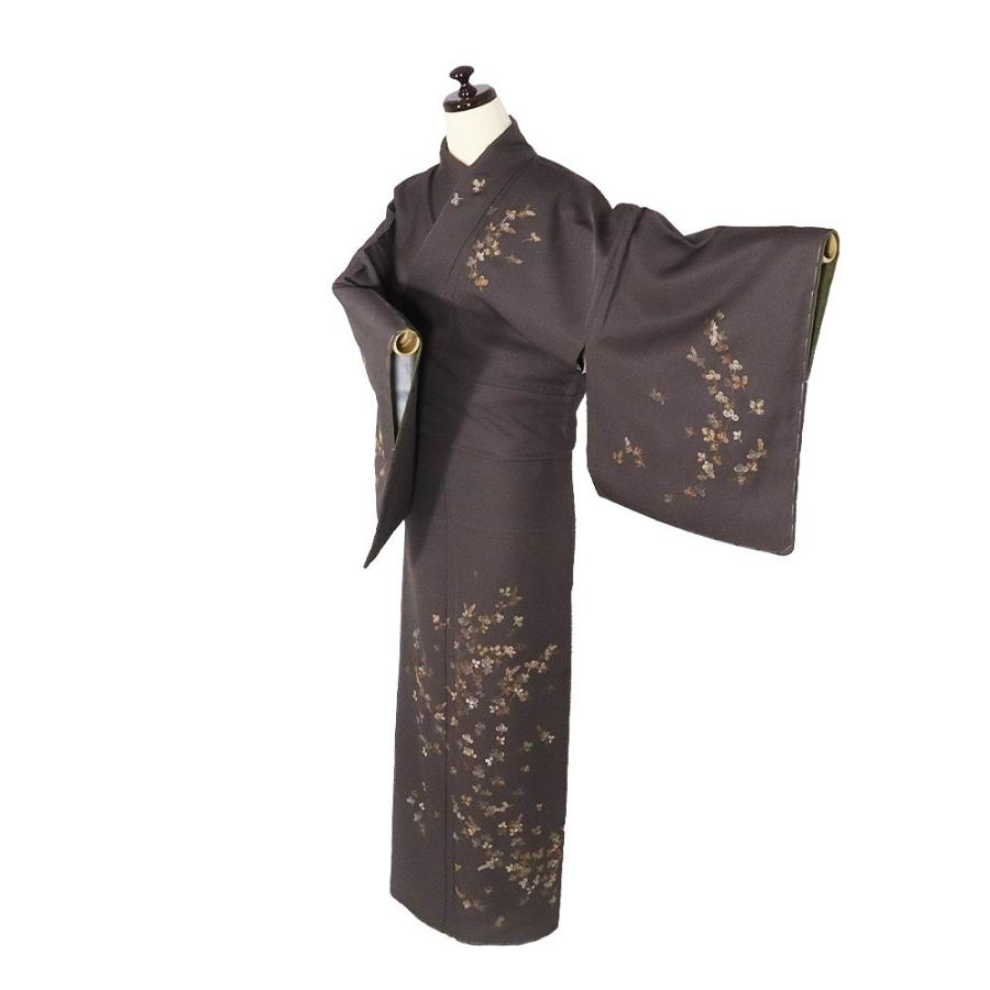訪問着 袷 正絹 濃茶 総刺繍 南天 Lサイズ ki28581 新品 着物 kimono  