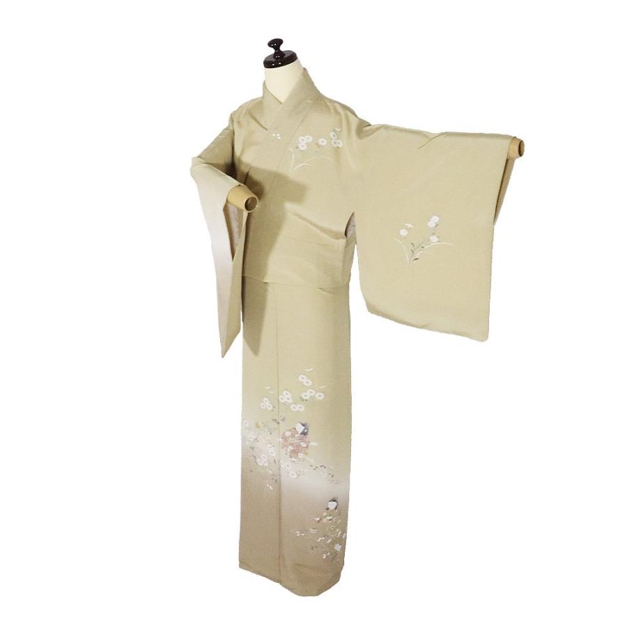 十日町友禅 訪問着 袷 正絹 ベージュ オーク色 童 菊 撫子 南天