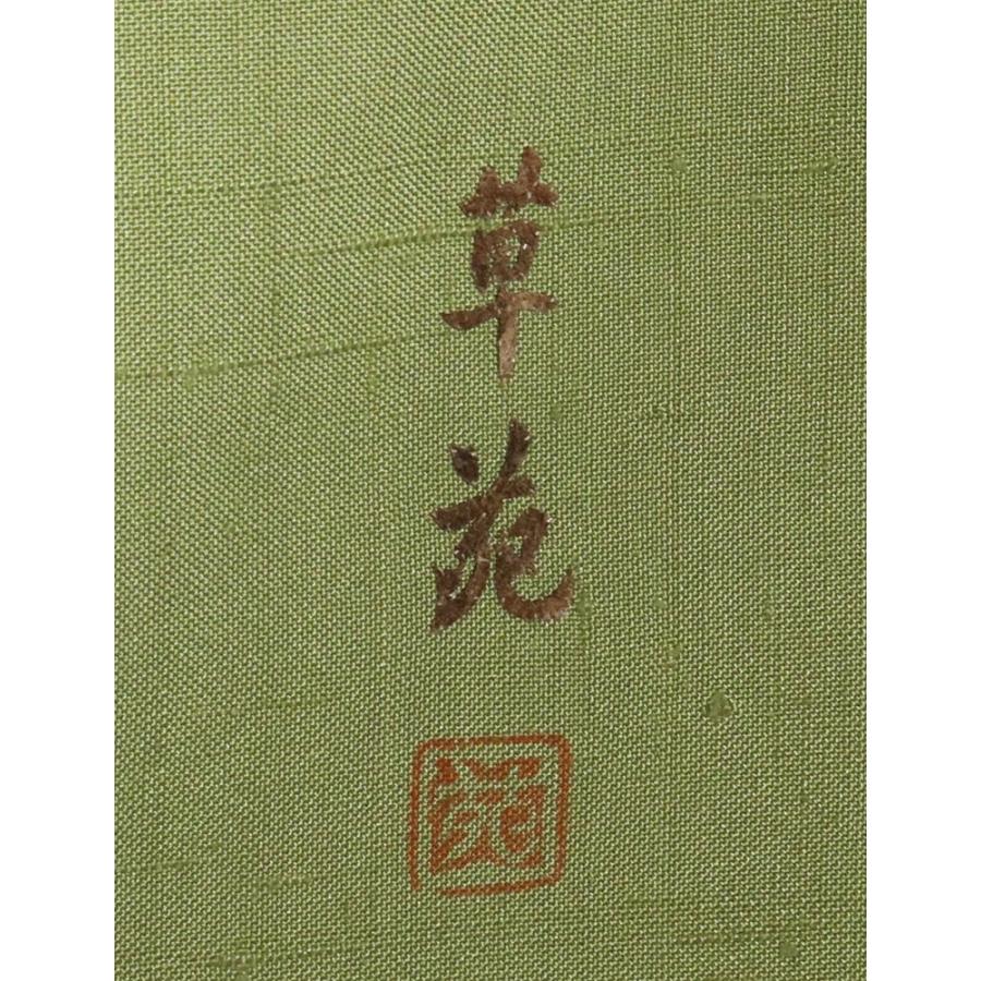 手織り紬 お洒落訪問着 袷 正絹 薄緑 ミノムシ 草花 木目調 Sサイズ 