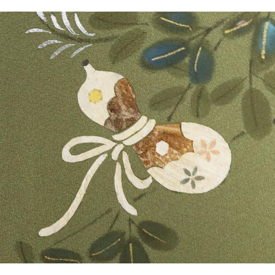 蓑虫工芸作家 田尾笛秋氏作 訪問着 袷 正絹 緑 赤紫 蓑虫 瓢箪 笙 盃