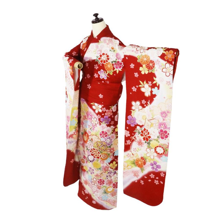 本振袖 正絹 赤 白 黄色 薄緑 ピンク 牡丹 菊 桜 梅 藤 Lサイズ 
