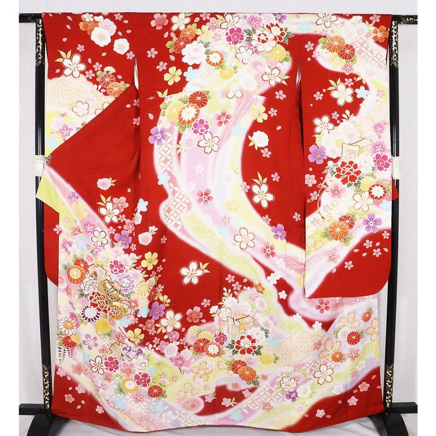 本振袖 正絹 赤 白 黄色 薄緑 ピンク 牡丹 菊 桜 梅 藤 Lサイズ