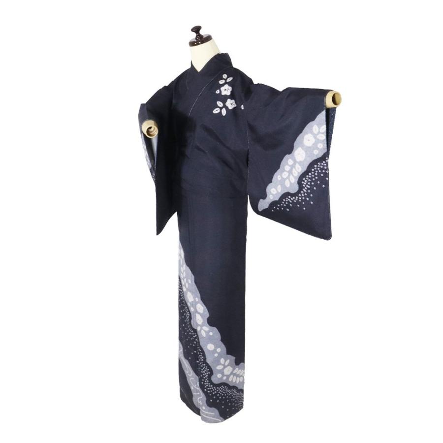 縞大島紬 辻が花訪問着 袷 正絹 濃紺 薄グレー 絞り辻が花 Mサイズ ki28888 新品 ほうもんぎ レディース シルク ギフト 送料込みの画像