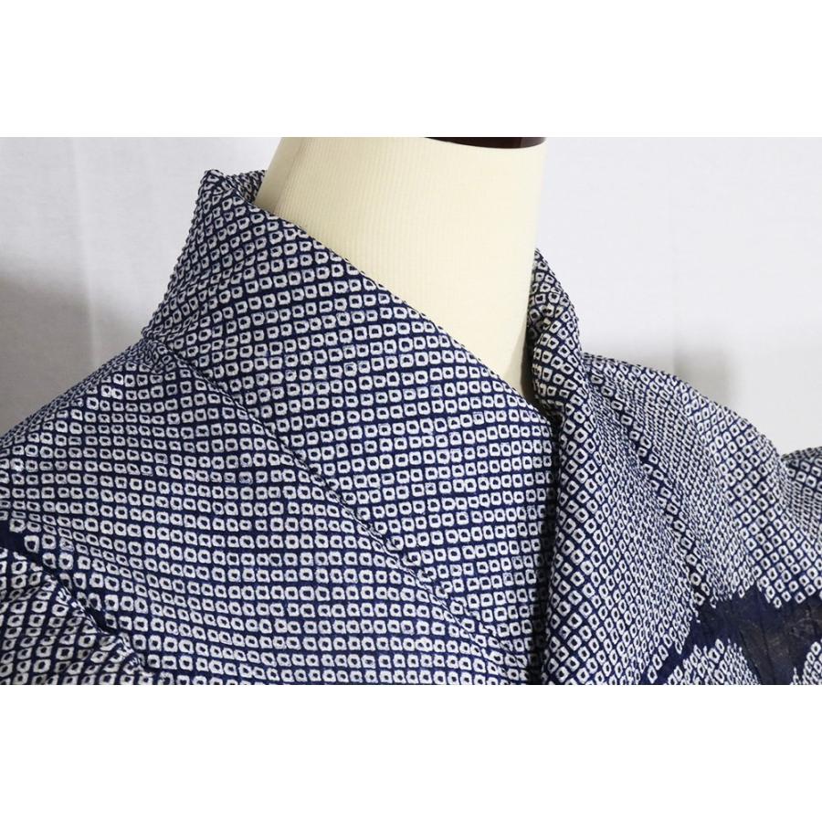 総絞り訪問着 袷 正絹 紺 熨斗文 刺繍 菊 南天 金彩 Mサイズ ki28895 