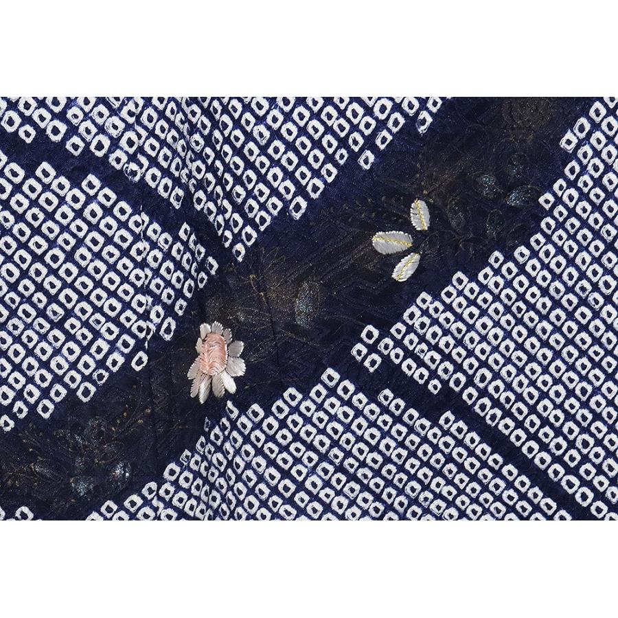 総絞り訪問着 袷 正絹 紺 熨斗文 刺繍 菊 南天 金彩 Mサイズ ki28895 