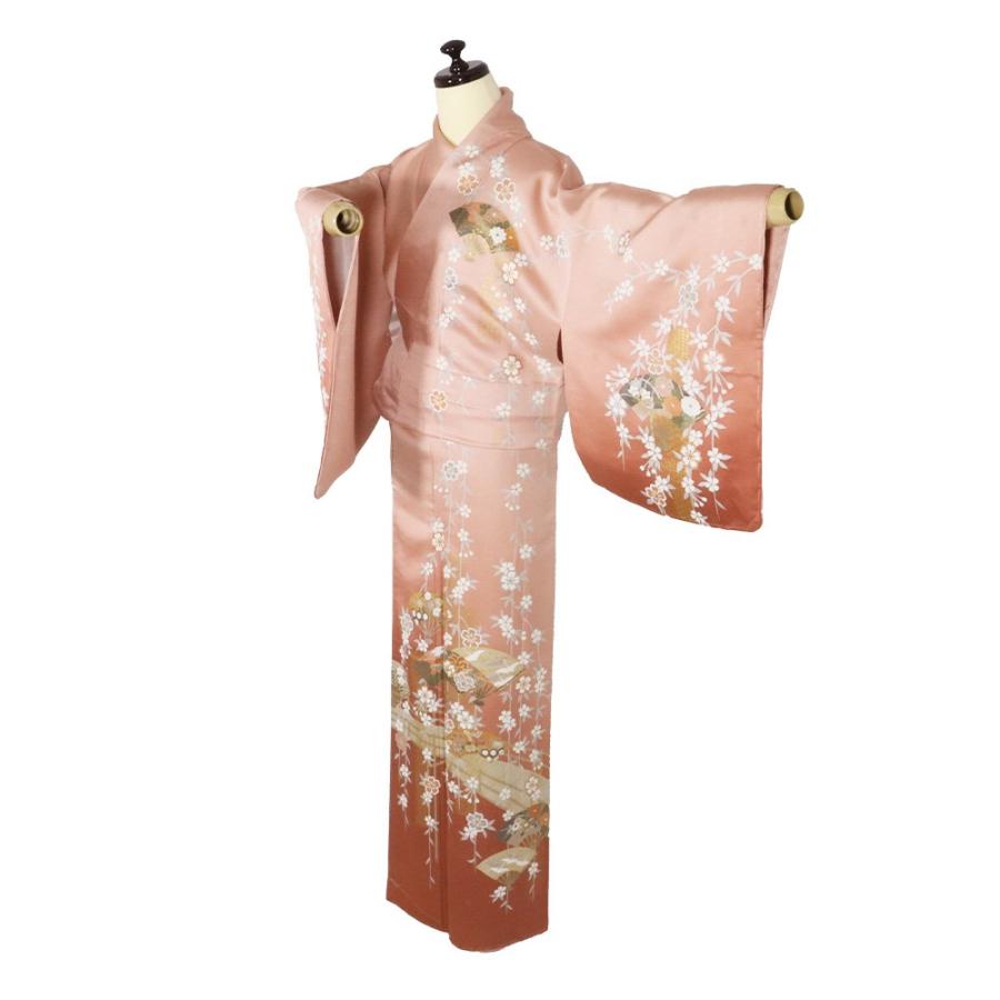 訪問着 袷 正絹 薄い赤紫 赤茶 枝垂れ桜 扇子 鶴 菊 椿 桔梗 撫子 M