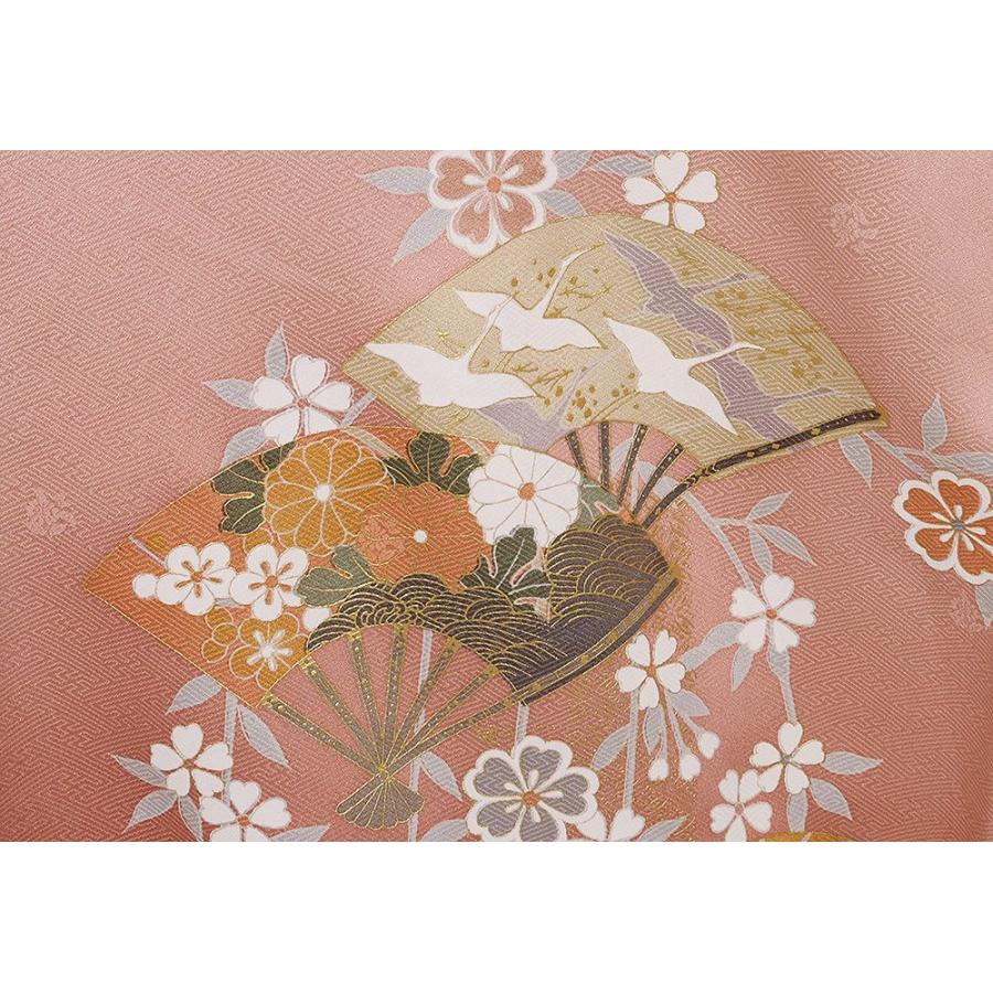 訪問着 袷 正絹 薄い赤紫 赤茶 枝垂れ桜 扇子 鶴 菊 椿 桔梗 撫子 M 