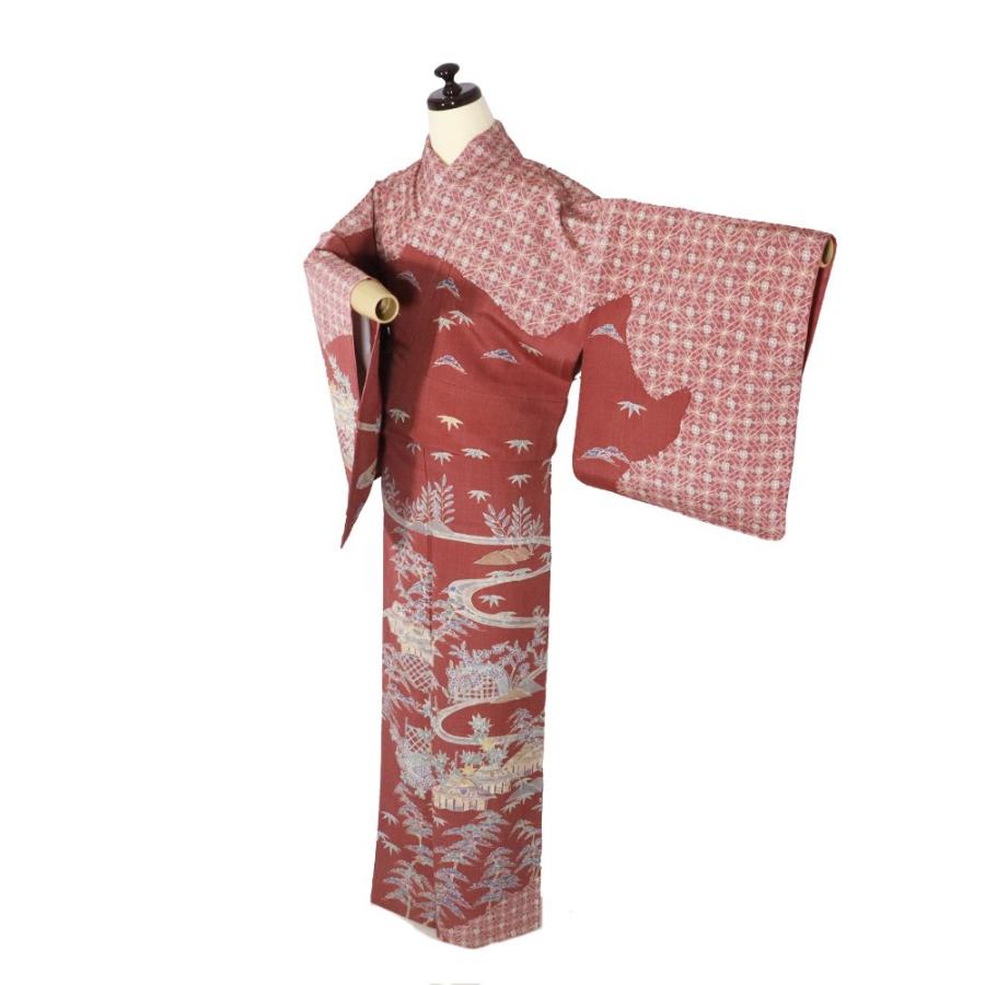 精染居 京友禅 上野街子 紬 訪問着 袷 正絹 赤紫 松竹梅 茶屋辻 七宝文 