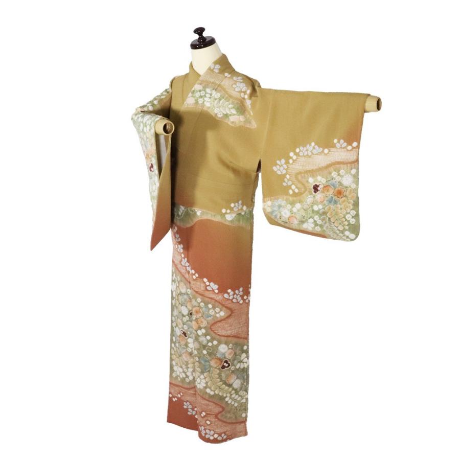 訪問着 総絞り 薔薇 グレージュ系 身丈161cm 裄丈65cm お洒落 袷