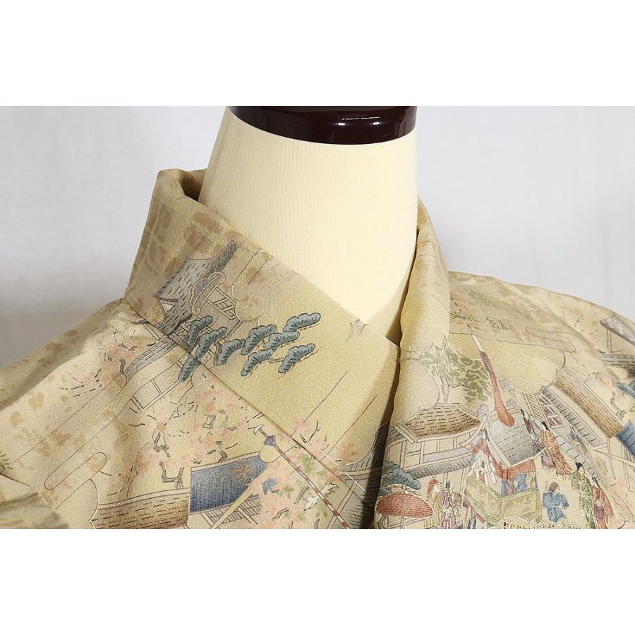 訪問着 袷 正絹 薄辛子色 薄茶 刺繍 祇園祭 町屋風景 Lサイズ ki29008 新品 ほうもんぎ レディース シルク ギフト フォーマル 送料込みの画像