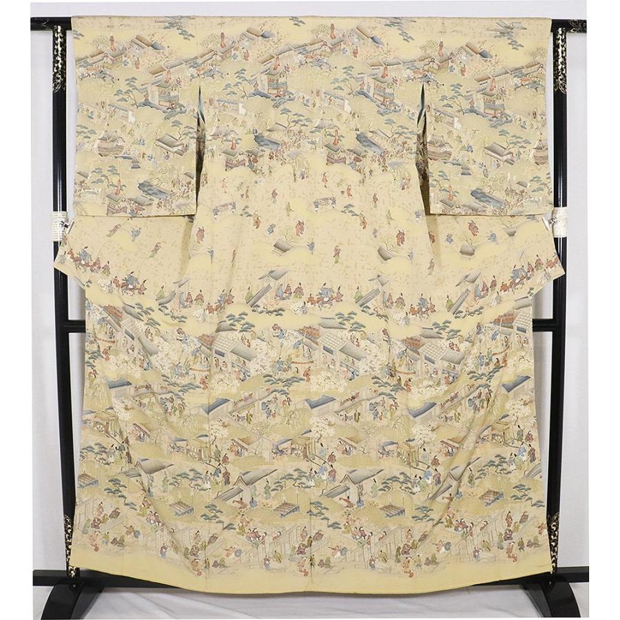 訪問着 袷 正絹 薄辛子色 薄茶 刺繍 祇園祭 町屋風景 Lサイズ ki29008 新品 ほうもんぎ レディース シルク ギフト フォーマル 送料込みの画像