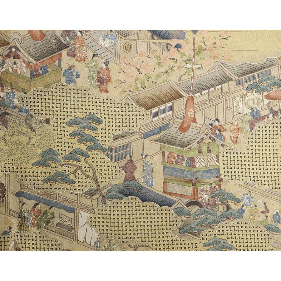 訪問着 袷 正絹 薄辛子色 薄茶 刺繍 祇園祭 町屋風景 Lサイズ ki29008 新品 ほうもんぎ レディース シルク ギフト フォーマル 送料込みの画像