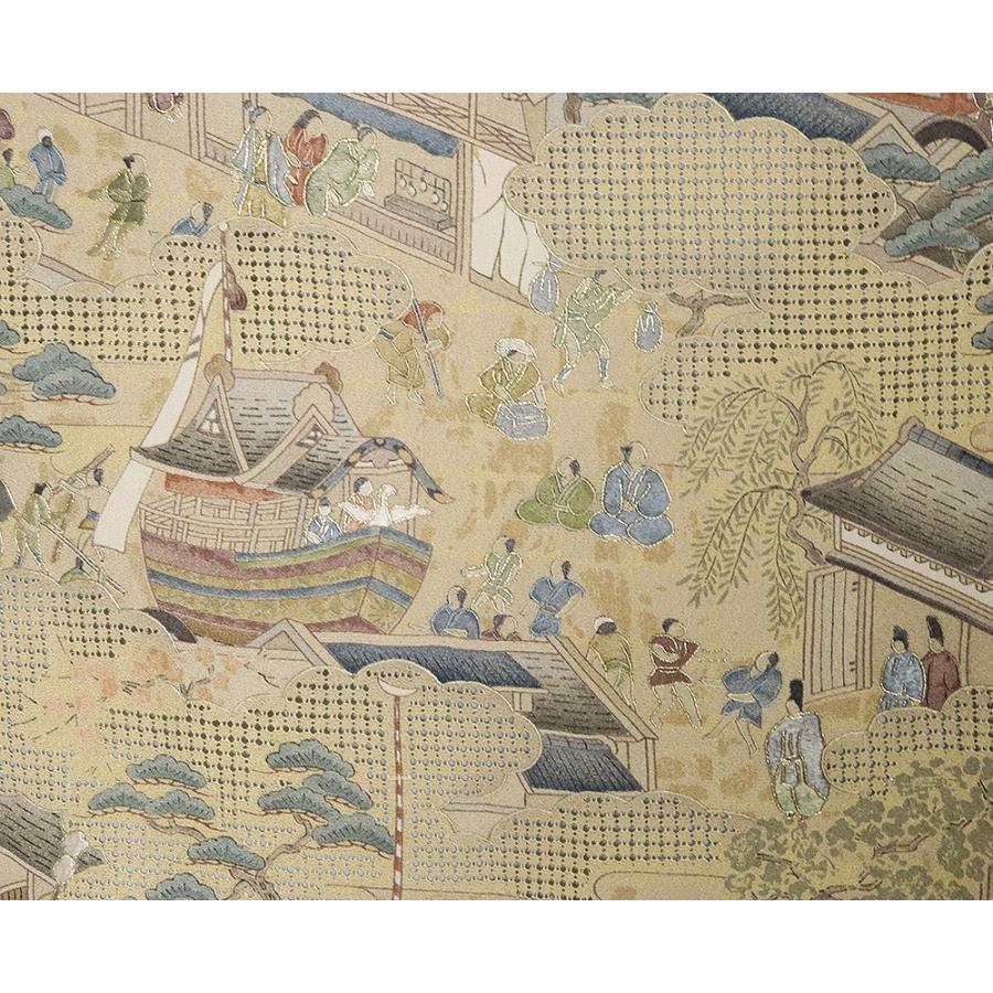訪問着 袷 正絹 薄辛子色 薄茶 刺繍 祇園祭 町屋風景 Lサイズ ki29008 新品 ほうもんぎ レディース シルク ギフト フォーマル 送料込みの画像