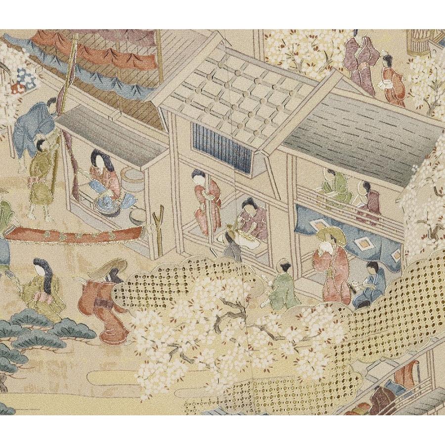 訪問着 袷 正絹 薄辛子色 薄茶 刺繍 祇園祭 町屋風景 Lサイズ ki29008 新品 ほうもんぎ レディース シルク ギフト フォーマル 送料込みの画像