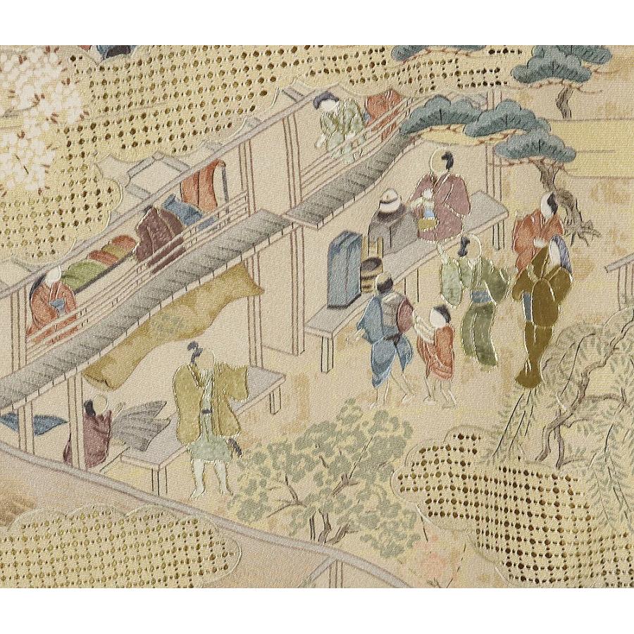 訪問着 袷 正絹 薄辛子色 薄茶 刺繍 祇園祭 町屋風景 Lサイズ ki29008 新品 ほうもんぎ レディース シルク ギフト フォーマル 送料込みの画像