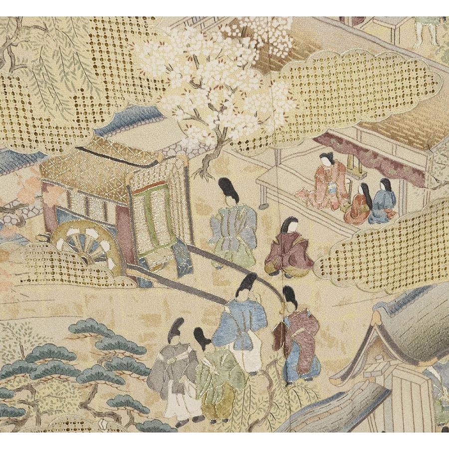 訪問着 袷 正絹 薄辛子色 薄茶 刺繍 祇園祭 町屋風景 Lサイズ ki29008 新品 ほうもんぎ レディース シルク ギフト フォーマル 送料込みの画像