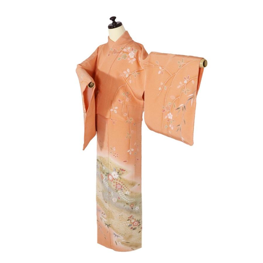 辻が花訪問着 袷 正絹 サーモンピンク 絞り 辻が花 梅 南天 M