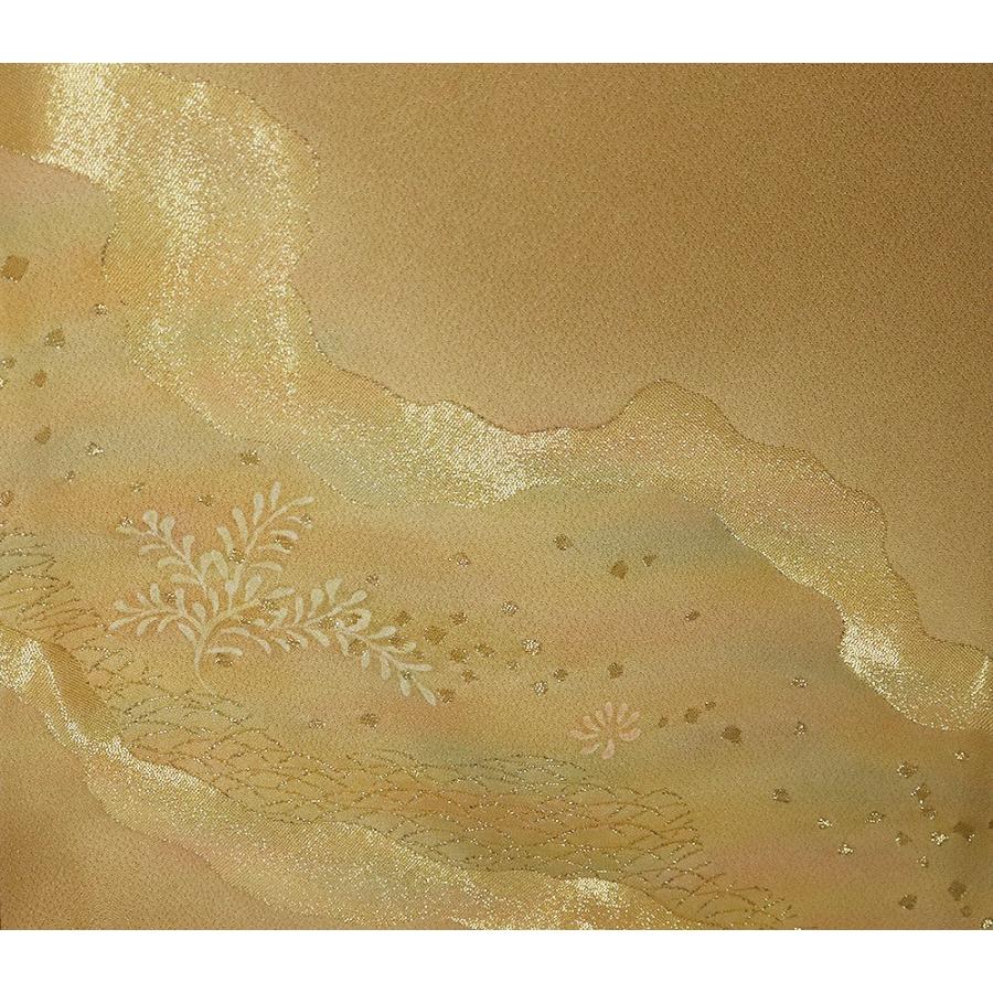 訪問着 袷 正絹 金茶 暈し 縫い取り あられ 草花 流水 Lサイズ ki29055 美品 ほうもんぎ houmongi レディース シルク ギフト 送料込み_6