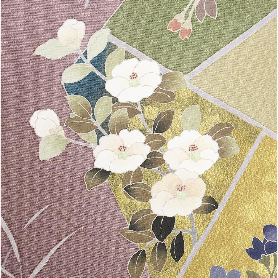 訪問着 袷 正絹 赤紫 緑 金箔 裂取文 桜 椿 水仙 梅 菊 蘭 Lサイズ 