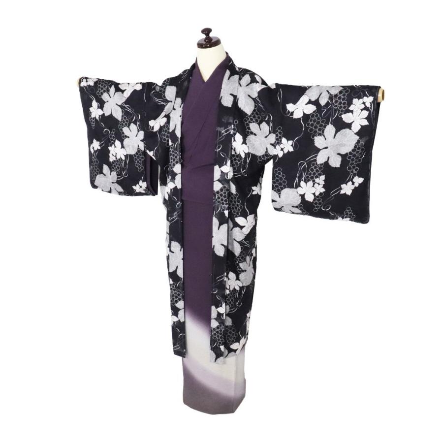 春夏用 紋紗 和装コート 長羽織 正絹 黒 葡萄 ki29309 新品 夏コート はおり Lサイズ レディース シルク ギフト 盛夏 単衣 送料込みの画像