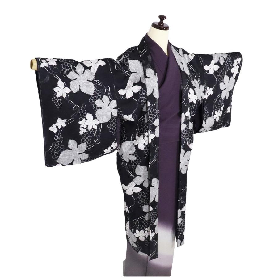 春夏用 紋紗 和装コート 長羽織 正絹 黒 葡萄 ki29309 新品 夏コート はおり Lサイズ レディース シルク ギフト 盛夏 単衣 送料込みの画像