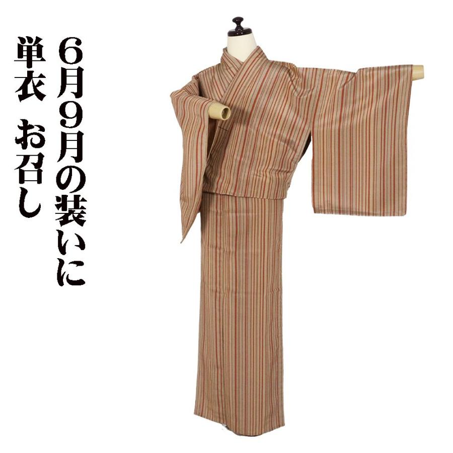 単衣 お召 裄65 縞 浅黄色 正絹 美品 ひとえ【H1 - メルカリ 単