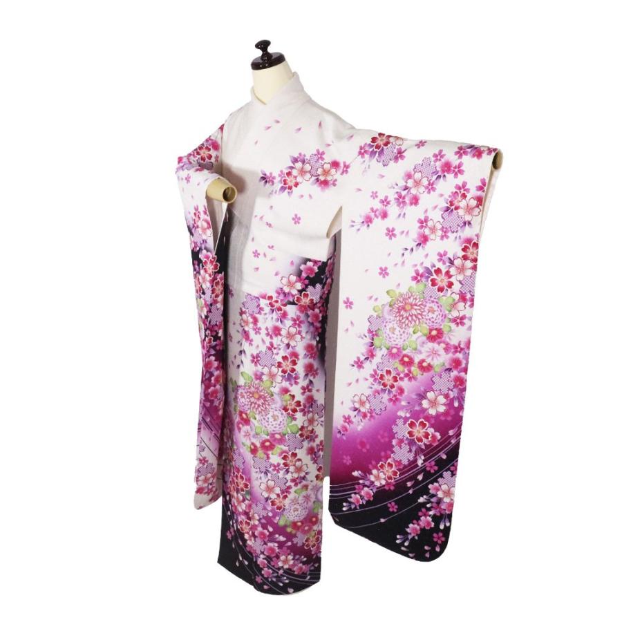 振袖 袷 正絹 白 黒 ローズピンク 銀糸通し 桜 菊 本加工品 Mサイズ 