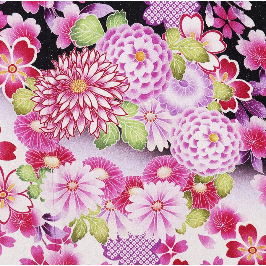 振袖 袷 正絹 白 黒 ローズピンク 銀糸通し 桜 菊 本加工品 Mサイズ 