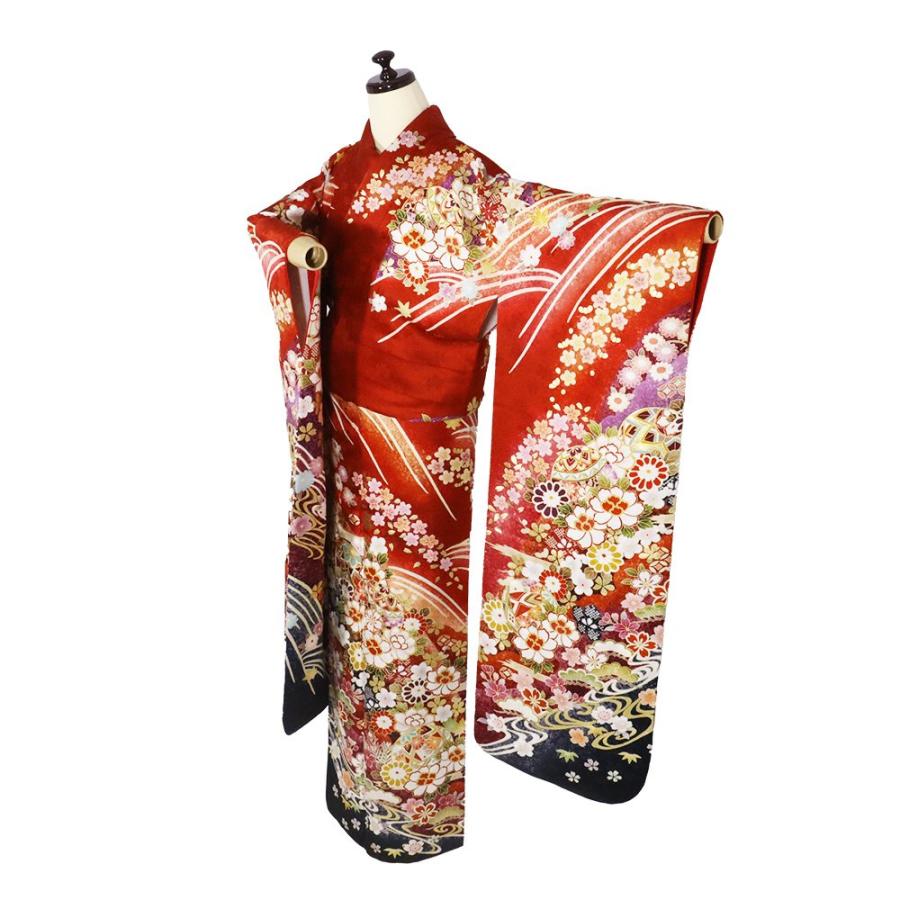 振袖 袷 正絹 赤 ピンク 紫 黒 金箔 手毬 桜 牡丹 菊 松竹梅 本