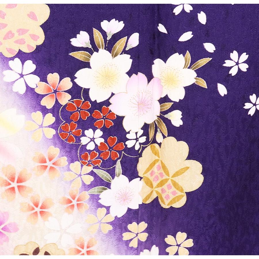 本振袖 長襦袢 袋帯 セット 正絹 紺紫 ピンク 黄緑 濃い紫 桜 水仙 L 